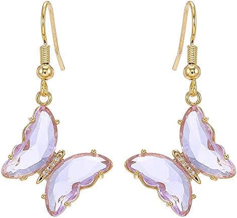 CZ Butterfly Glass Drop Dangle Earrings for Women Teen Girls 925 Sterling Silver Post Pin Cubic Zirconia Gold Plated Hypoallergenic Nickel Free Cute Charms Dangling Stud Earring Dainty Wedding Birthday Mother's Day Jewelry Gift (Purple)