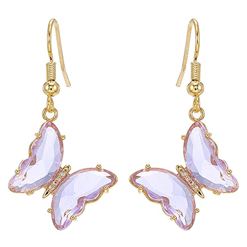 CZ Butterfly Glass Drop Dangle Earrings for Women Teen Girls 925 Sterling Silver Post Pin Cubic Zirconia Gold-Toned Cute Charms Dangling Stud Earring Dainty Christmas Halloween Theme Party Jewelry