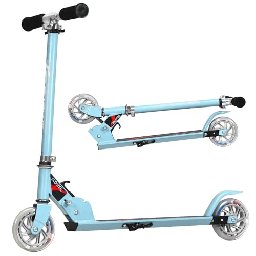 KOMFOTTEU Patinete para Niños con 2 Ruedas LED, Patinete Plegable de Aluminio con Altura Regulable, Scooter Infantil con Carga de 70 kg, Patinete Portátil para Niños 4+ Años (Azul Claro)