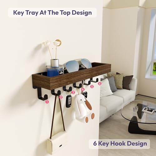 SWTYMIKI Schlüsselbrett mit Holztablett und 6 Haken - Multifunktionales Schlüsselhalter/Schlüsselboard, Schlüsselbrett mit Ablage für Flur, Schlafzimmer & Küche, Hängen Küchenbesteck