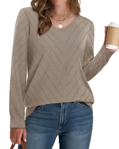 Image of WIHOLL Sweaters for Women V Neck Casual Knit Long Sleeve Tops Lightweight Pullover Clothes Fall Fashion Outfits 2026
