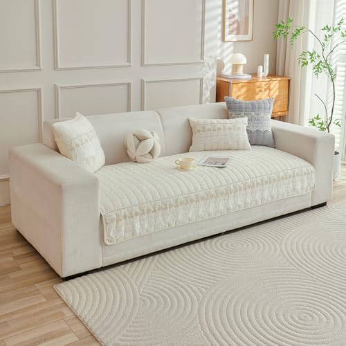 Image of HOKIPO 'BelleLace Series' Imperial Milk Velvet Sofa Cover Mat for 1 Seater Sofa, Lace Design, Pearl White (AR-5962-WHT*1)
