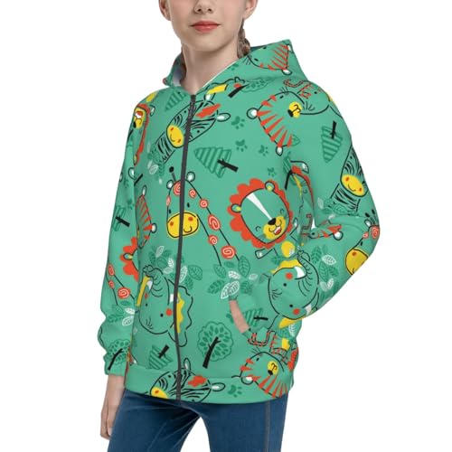 Funny Animals in Jungle Kids Pullover Hoodies Boys Zip Up Sweatshirts Girls Athletic Clothes with Pocket