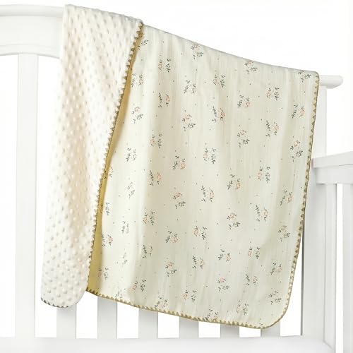Image of Baby Blanket 40x40 Inches,Muslin Cotton and Minky Dotted Double Layer Soft Receiving Blanket for Newborn Toddler,Retro Flower