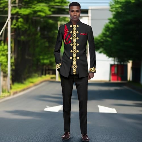 Men`s Suits Double Breasted Embroidery Slim Fit Blazer and Pants Set Print Attire African Clothes2