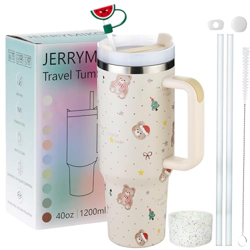 Image of 40 oz Tumbler With Handle and Straw Lid,Simpl Moder Double Wall Vacuum Sealed Stainless Steel Insulated Tumblers,Travel Mug for Hot and Cold Beverages,Thermos Travel (Christmas Bear)