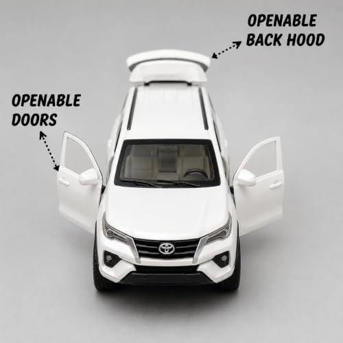Image of 1:32 Scale Fortuner Die Cast Pull Back Toy Car for Kids with Openable Doors Light and Sound Friction Powered Miniature Collectible Car Toy Gift for Children Realistic SUV Design (1:32 White Fortuner)