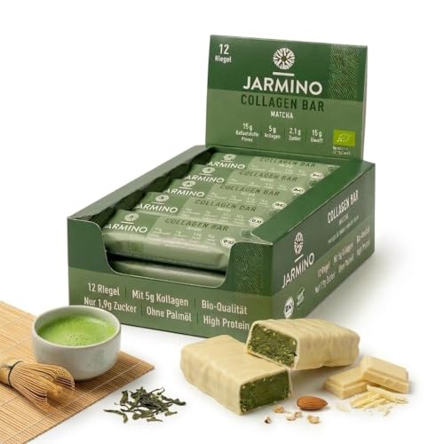 JARMINO Kollagen Riegel High Protein Bar Matcha 12x55g - Proteinriegel Low Sugar Palmölfrei Glutenfrei 5g Kollagen 15g Protein 14g Ballaststoffe
