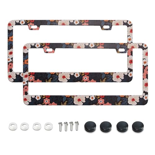 License Plate Frame 2 Pack Car License Plate Holder Metal Number Plate Frame Car Tag Frame (Flower 2Pack)
