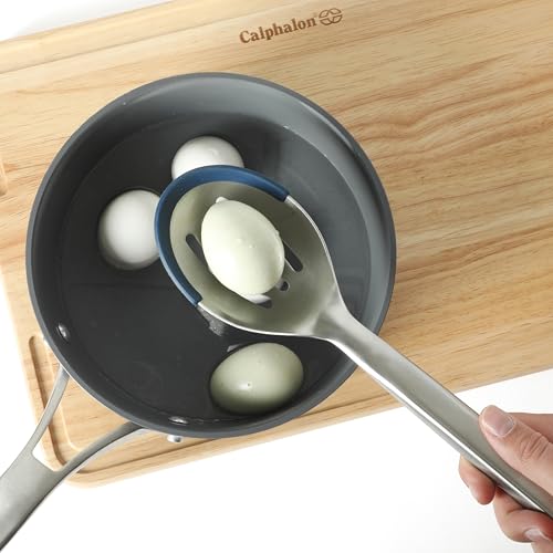 Image of Calphalon Prime Slotted Spoon Skimmer, Stainless Steel Straining Spoon with Navy Silicone Rim, Heat-Resistant Nonstick-Safe Kitchen Spoon for Draining, Cooking & Serving