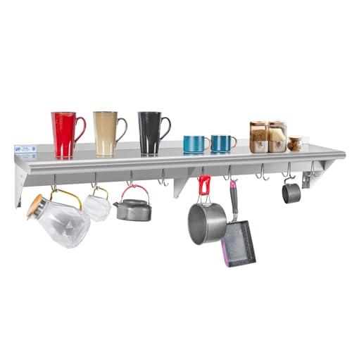 Image of Hally Stainless Steel Shelf with 9 Hooks 12 inch x 60 inch Wall Mounted Pot Rack 315lb, NSF Commercial Floating Shelving for Storage Hanging Pots, Pans, cookware in Restaurant, Kitchen, Home and Hotel