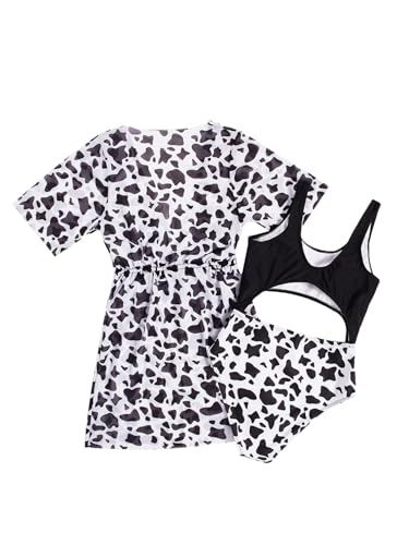 Milumia Girl's 2 Piece Swimwear Cow Print Colorblock Cutout One Piece Swimsuit with Cover Ups2