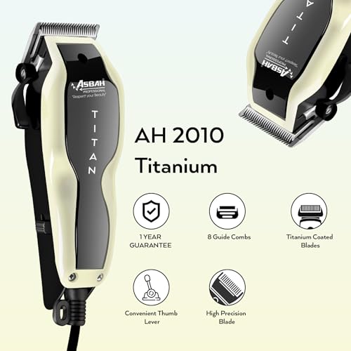 Image of ASBAH Professional Titan Hair Clipper for Men & Women - Precision Stainless Steel Blades, 8 Guide Combs (3mm-25mm), Adjustable Thumb Lever, Corded Grooming Tool with One-Year Warranty - Made in India