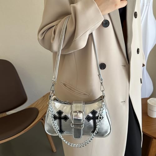 Y2K Shoulde Bag for Women,Vintage Punk Cross Pattern PU Leather Purse Small Gothic Underarm Handbags3