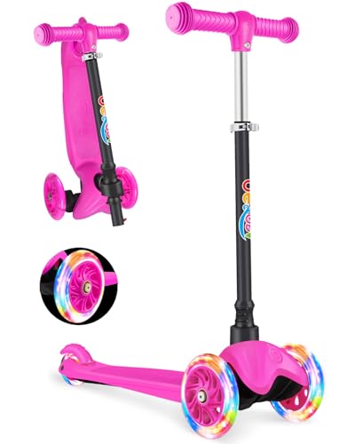 BELEEV Scooter Roller Kinder 2-6 Jahre, 3 Räder Kinderroller mit LED Leuchtende Räder, 4 Höhenverstellbare, Bremsen, Rutschfestes Deck, Lean to Steer, Scooter Kinder 2 Jahre Mädchen Jungen Geschenk