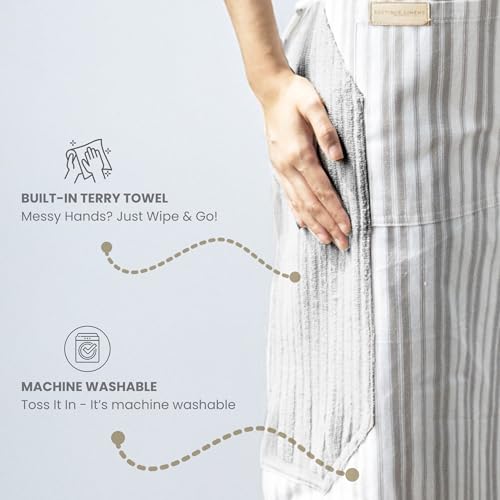 Image of Kitchen Apron - 100% Cotton, Adjustable Neck strap, Large Pocket - Unisex Apron for Men & Women - Cooking, Baking, BBQ, Gardening - Solid Colours, Striped and Checkered Patterns