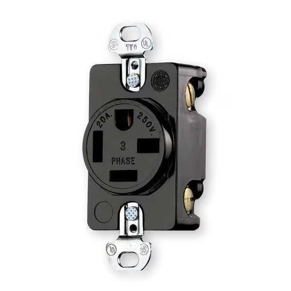 Receptacle, 20 A Amps, 250V AC, Flush Mount, Single Outlet, 15-20R, Black