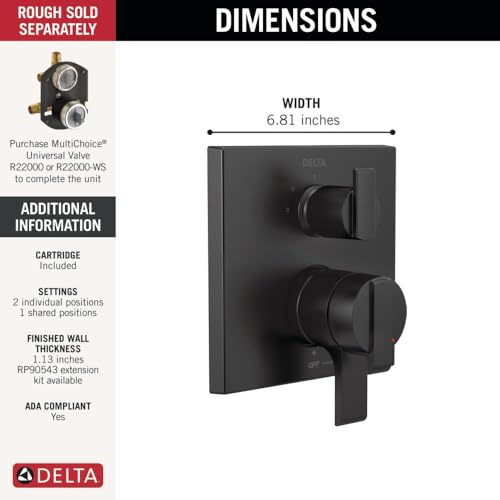 Image of Delta Modern Dual-Function Shower Handle Trim Kit with 3-Way Integrated Diverter, Matte Black Shower System Valve with Diverter, Matte Black T27867-BL (Valve Not Included)