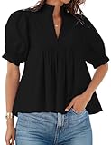 Zhiyouni Summer Blouses for Women 2025 Dressy Casual Short Sleeves V Neck Babydoll Peplum Tops(Black-S)