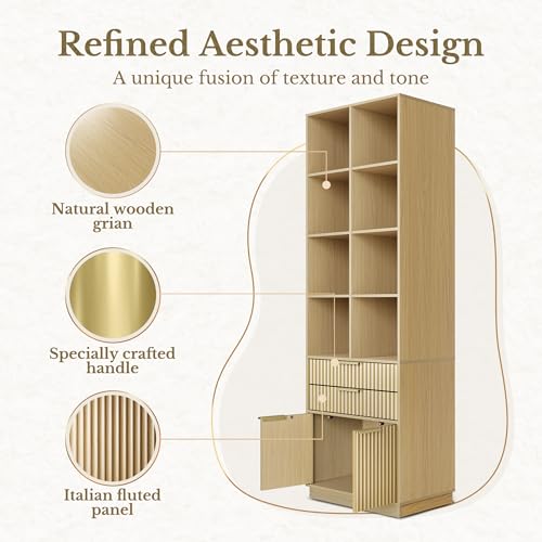 Perledesign Home Office Furniture Set, 63\'\' L Shaped Standing Desk with 73\'\' Bookshelf, Electric Height Adjustable Desk with Drawers, File Cabinet, Office Furniture Desk Sets, Fluted Light Walnut - Thumbnail 7