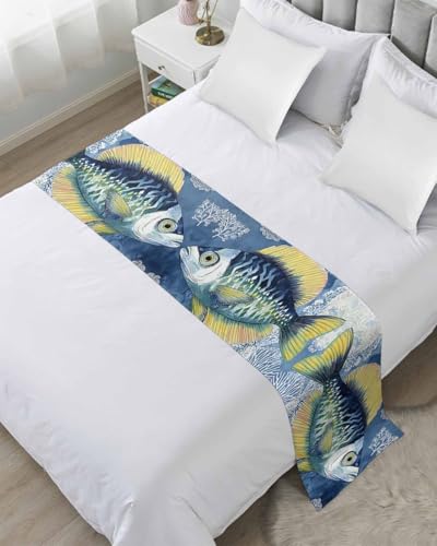DecorLovee Coastal Blue Yellow Fish Bed Runners for Twin Size Bed, Decorative Bed Throws for Foot of Bed, Summer Ocean Coral Plant Bed Runner Sofa Throw Bedding Scarf Protector Slipcover for Bedroom