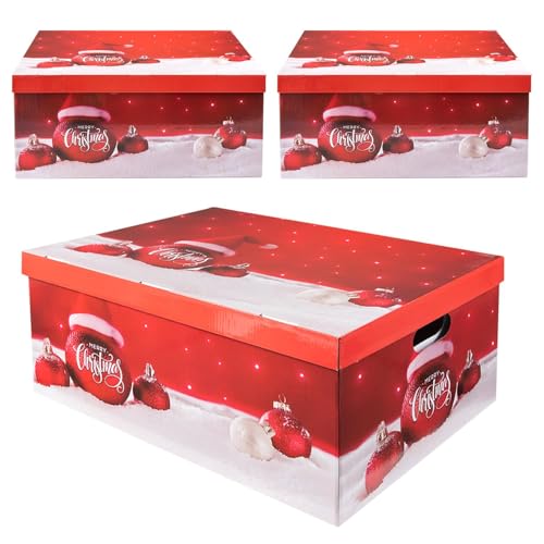 Daniel James Christmas Eve Boxes with Lid - Set of 3 Large Gift Boxes for Presents - Foldable Reusable Luxury Storage Box for Xmas Holiday Gifts - 51cm x 37cm x 24cm Red 3pcs