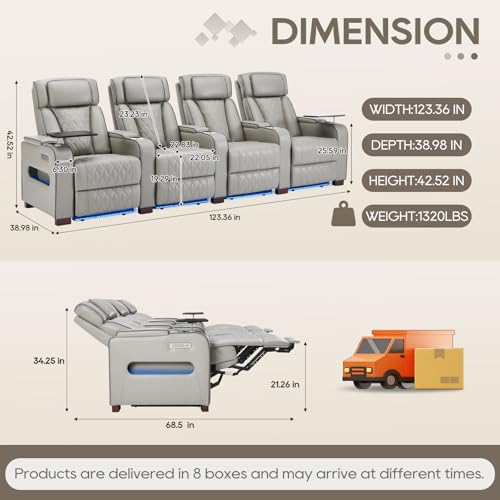 Image of Luxury Home Theater Seating - Power Recliner with Adjustable Headrests, Blue LED Ambient Lighting, Tray Table, USB & Type-C Charging (Grey,4 Seat)