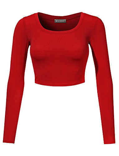 LE3NO Womens Fitted Long Sleeve Crop Top with Stretch, L3NWT1073_RED, Large