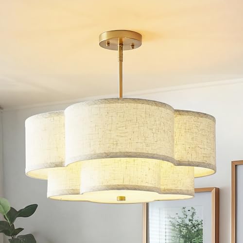 Image of 18 inch Chandelier, 3-Light Gold Pendant Light Fixtures with Dual Layer Linen Shade in Quatrefoil Shape, Double Drum Chandeliers for Dining Room Kitchen Living Room Bedroom, AD-22007-3P-GD-B