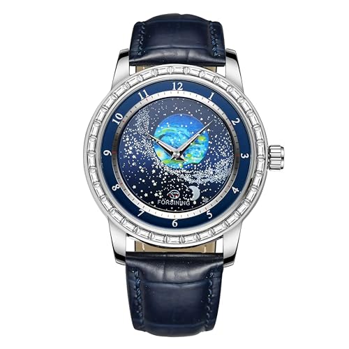 Image of FORSINING Watches for Men Rhinestone Inlay Rotational Starry Sky Moon Phase Mechanical Automatic Watch Waterproof for Business Leather Wristwatch