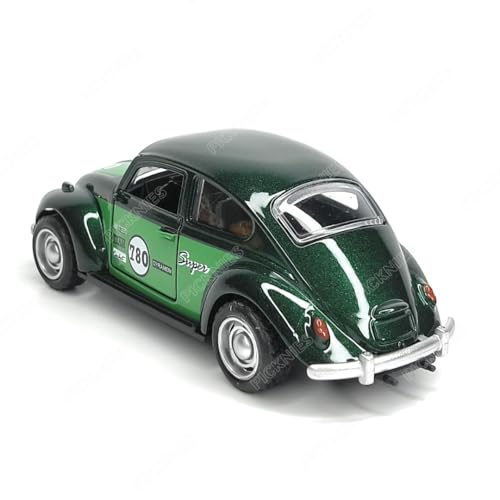 Image of Classic Vintage VW Beetle Diecast Metal Pullback Toy car with Openable Doors for Kids | 1:36 Scale Model | Pull Back | Gift for Boys Girls (Green with Stripes)