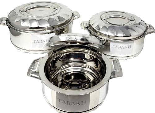 T TABAKH Insulated Casserole Dish with Lid Hot Pot Food Warmer/Cooler - Thermal Soup, Salad Serving Bowl - Stainless Steel Container - Keeps Food Hot & Cold (Silver, 3pc Set (2500ml, 1500ml, 1000ml))