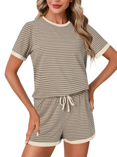 Image of LYANER Pajama Set for Women 2 Piece Lounge Set Striped Crew neck Short Sleeve Tops and Shorts Soft Sleepwear