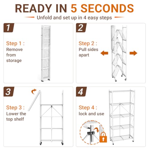 Image of black leopard 5-Tier Foldable Metal Storage Shelf with Wheels, White | Foldable Design; 85 lb Capacity per Shelf; Preassembled Frame; Lockable Casters; Reinforced Metal Construction