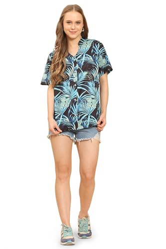 Image of Womens Casual Shirt Soft Beach Shirts Floral Tropic Print V Neck T-Shirt Short Sleeve Button Up Tops