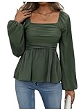 SHENHE Women's Square Neck Lantern Long Sleeve Peplum Top Smocked Ruffle Hem Babydoll Blouse Green Small