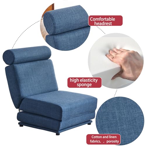 GERRIT Single Folding Sofa Bed Chair with Pillow, 3-in-1 Convertible Couch Sleeper, Floor Futon Couch Portable Sofa Bed,Linen Fabric Leisure Sofa Chair, Modular Sectional Sofa for Living Room (Blue)
