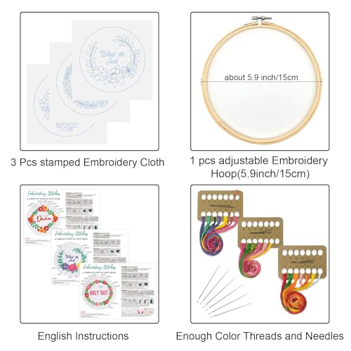 Image of Louise Maelys 3 Pack Flower Embroidery Kit for Beginners, Cross Stitch Kits for Adults, DIY Needlepoint Kits with Pre Printed Patterns, Hoop, Threads and Clear Instruction