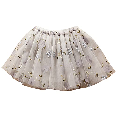 Toddler Girls Layered Tutu Tulle Skirt Baby Girls Mesh Soft Fluffy Tutu Skirts Flower Embroidered (Grey, 2-3 Years)