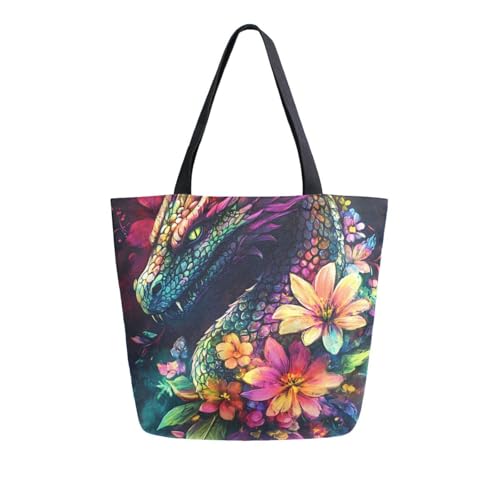 Extra Large Shoulder Tote Bag for Beach Travel Weekender Gym Colorful Dragon Flowers Reusable Grocery Canvas Shopping Bag