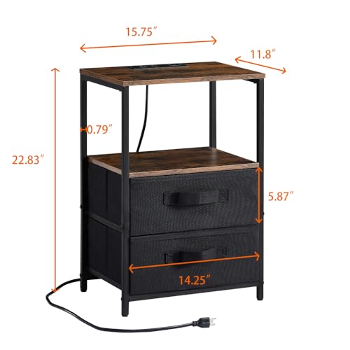 Charging Station Nightstand with Drawers & Open Shelf, Living Room Small Side Table