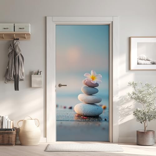 Pierre Floral Effet 3D Sticker Porte, Mer Papier Autocollant Porte Mural Décoration 95x215 cm, Zen Stickers Muraux Amovible PVC Y6Nc113