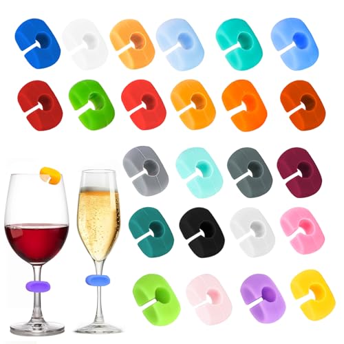 TDUNSYA 24 Peças Marcadores de Copos, Marcador para Garrafas de Bebidas, Marcadores Reutilizáveis para Copos, Marcadores de Silicone, para Copo de Champanhe, Copo de Cocktail