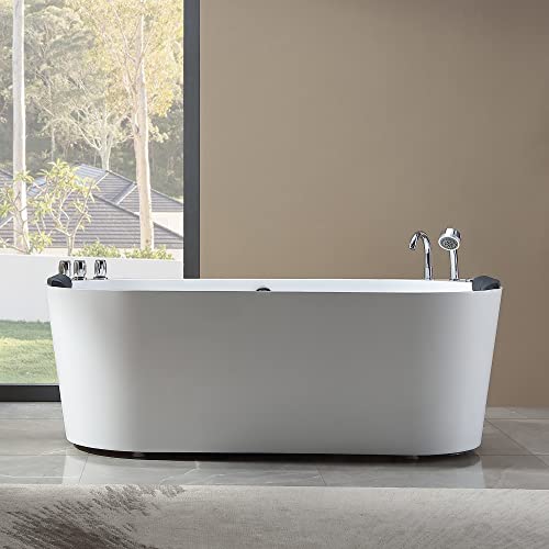 Empava 59-Inch Freestanding Whirlpool Bathtub Oval With 8 Hydromassage Adjustable Water Jets Luxury Acrylic Massage Spa Soaking Bath Tub Double Ended , White #TOP6