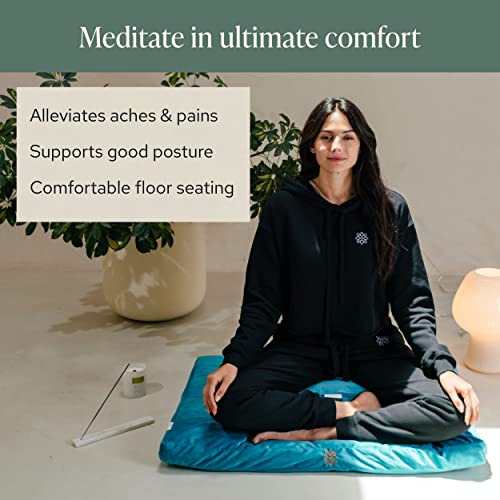 Image of Mindful Modern Meditation Cushion & Mat Bundle - Luxury Velvet Zafu Floor Pillow & Rectangular Mat - Turquoise