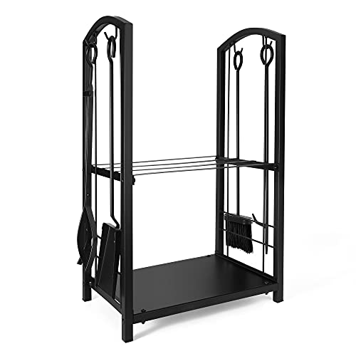 Delxo Fireplace Rack Indoor with 4 pcs Fireplace Tools Fire Pits Tools for Outdoor Log Holder Wood Stove Accessories Black Fireplace Log Rack Wrought Iron Logs Bin Holder for Fireplace Tool Set