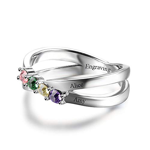Glamcarat Personalized 925 Sterling Stacking Silver Ring Mothers Ring With 4 Four Birthstone Custom Name Ring With 4 Stones Family Engraved Ring Personalized Jewelry For Women (7) #TOP3