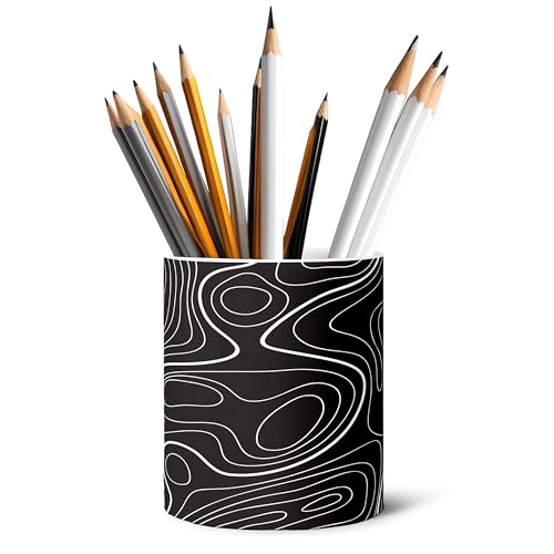 pqonmsd Ceramic Pen Holder,Black Contour Line Texture Desktop Pencil Cup,Decorative Storage Organizer for Office Home School