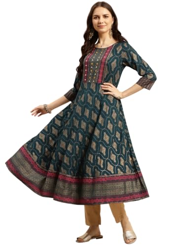Image of rangita Teal Rayon Calf Length Embroidered Anarkali Kurti for Women | Kurta for Women