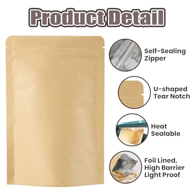 Muka 50 PCS Kraft Food Storage Pouch Bag Foil Lined Zip Lock Reusable Stand Up Bags,7 x 11.75 inch